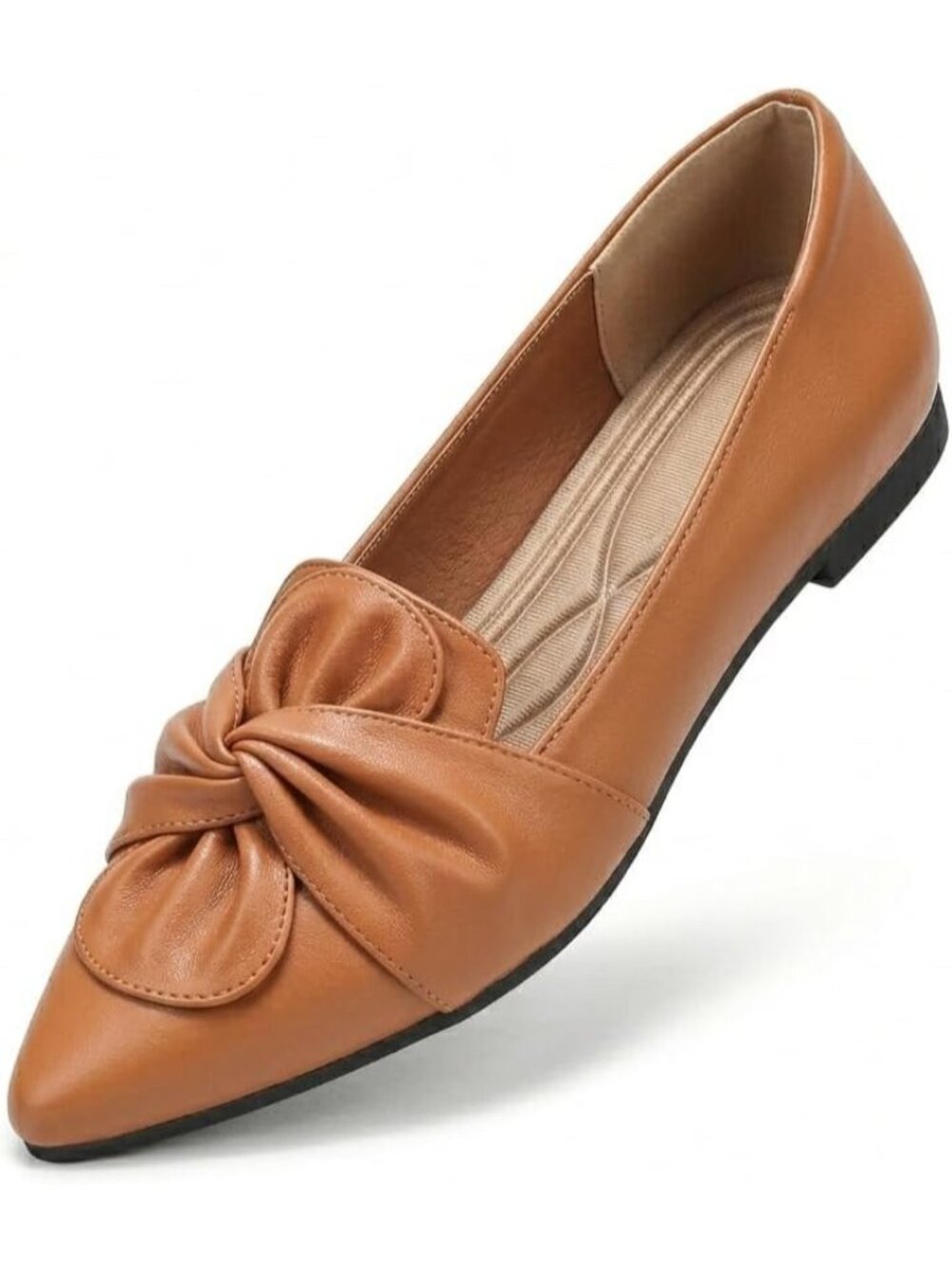 Women's Brown Mesh Pointed Toe Business Work PU Leather Dressy Ballet Flat Shoes